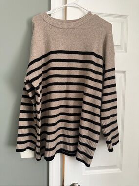 a new day Beige and Black Striped Crewneck Sweater